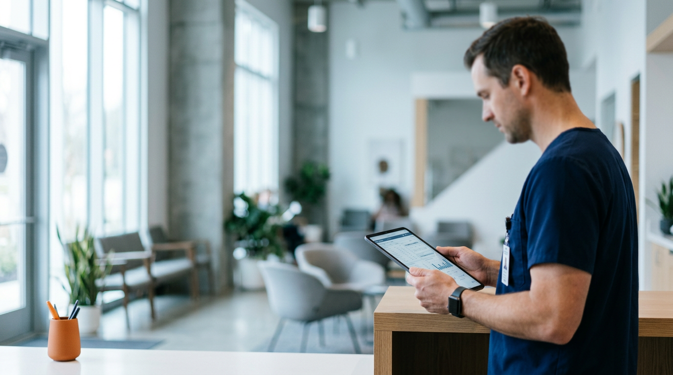 A clinician reviewing lab results on a tablet