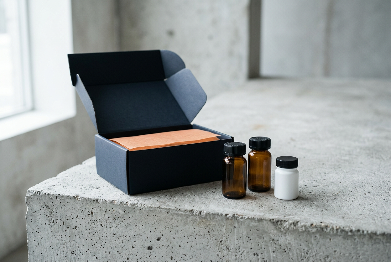 A plain navy shipping box with prescription vials