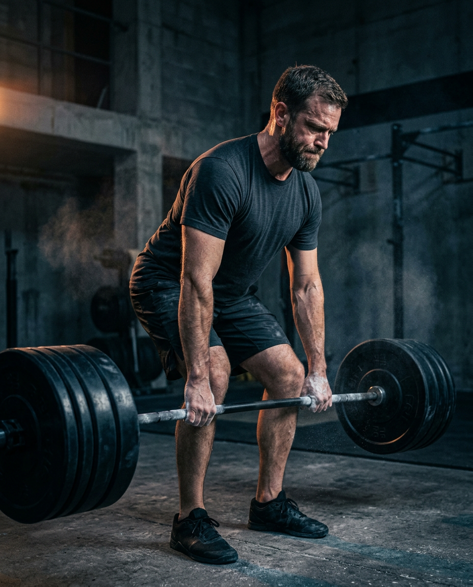 A man lifting a heavy barbell in a dark gym