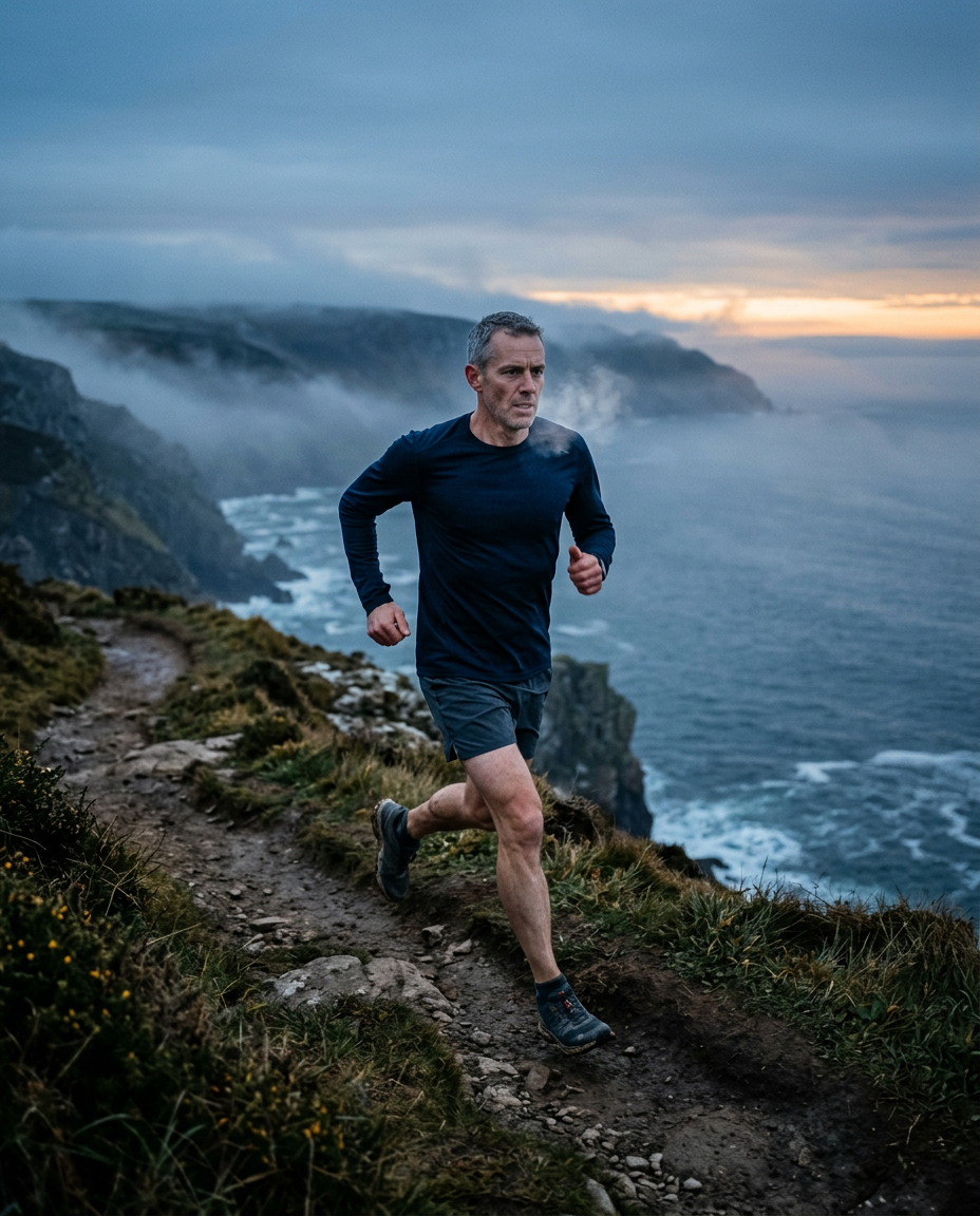 A man running along a coastal trail in the early morning