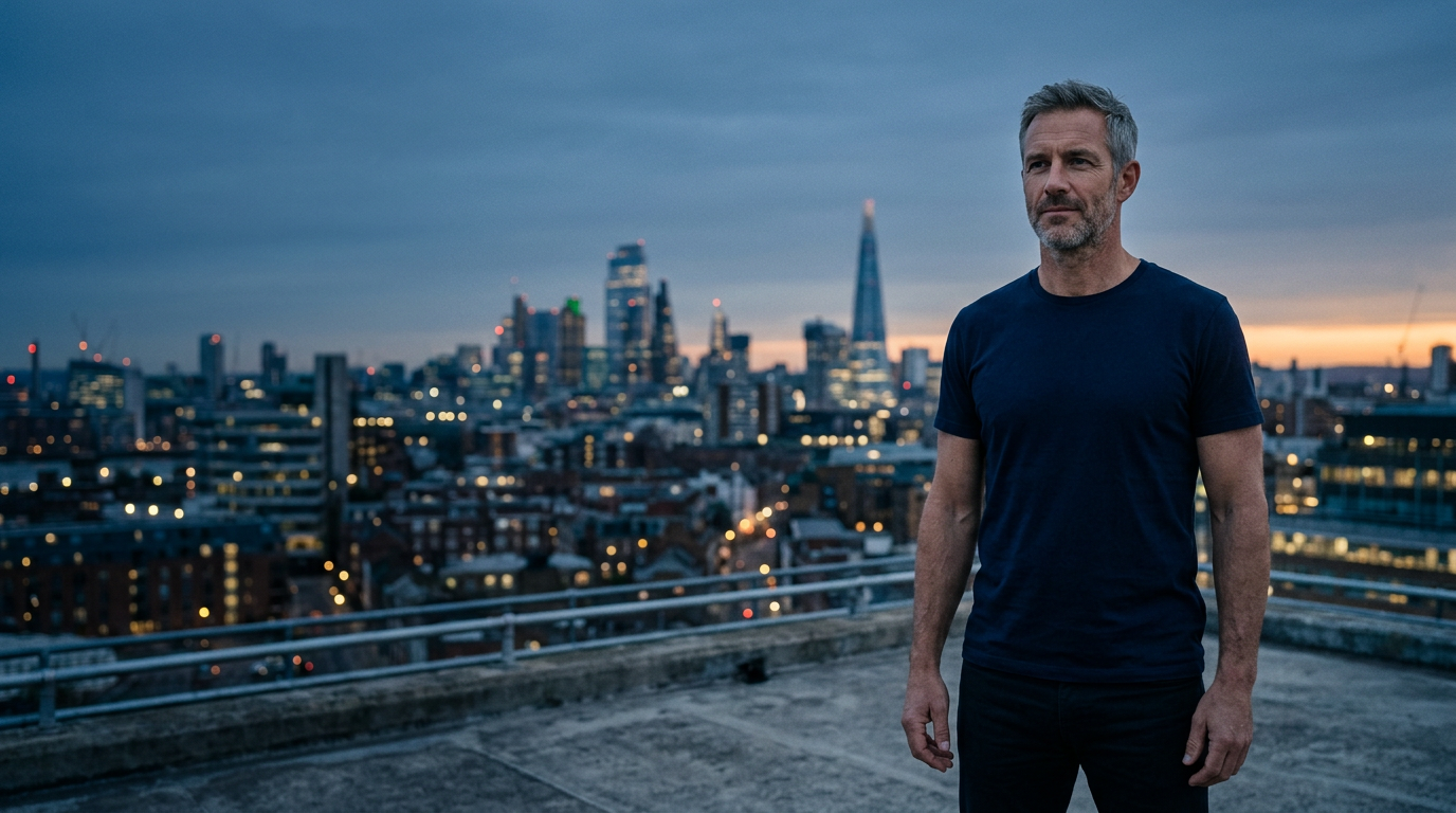 A man in his forties standing on a city rooftop at dawn