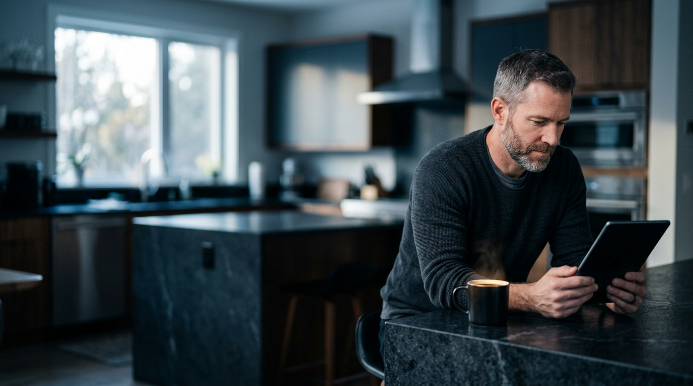 A man reading on a tablet at his kitchen counter in the morning