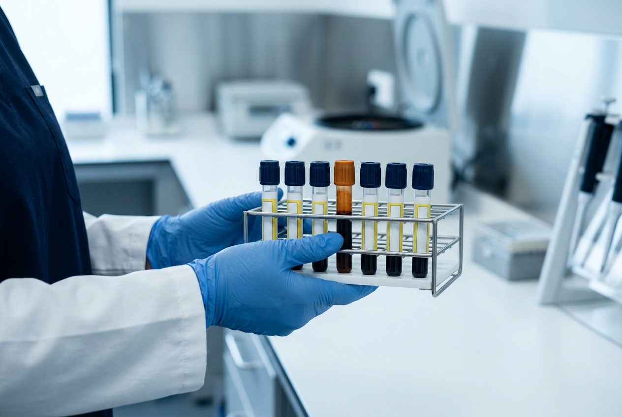 A clinician holding a rack of blood sample tubes