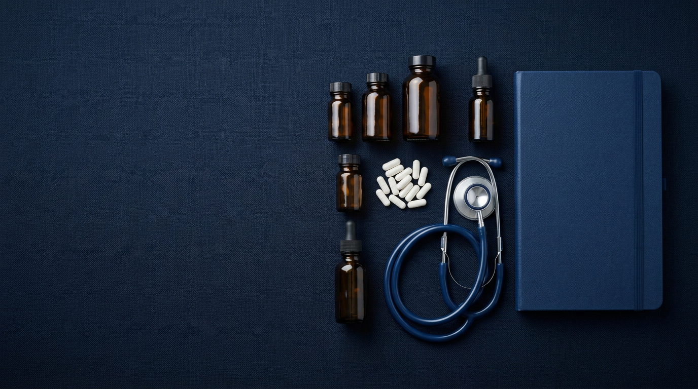 Medicine vials, capsules and a stethoscope on a navy surface