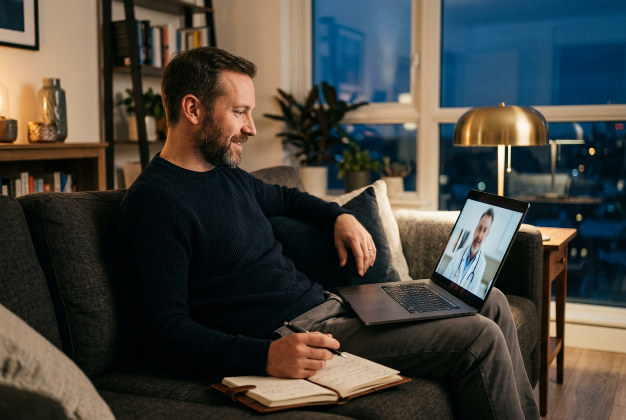 A man on a video visit with a physician from his sofa